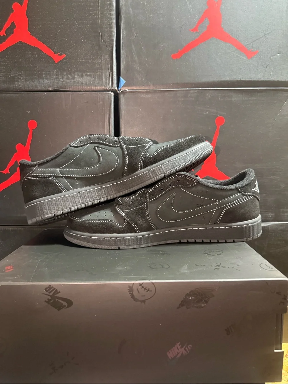 Air Jordan Retro Low Travis Scott Black Phantom Suede Sneakers with Red Accents